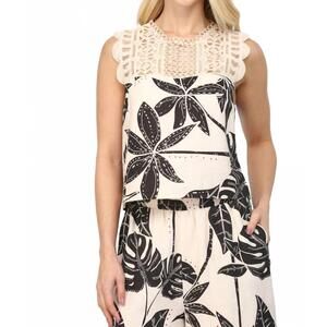 NEW FATE tropical linen blend lace top in taupe multi